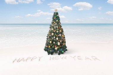 Güzel bir Noel ve yeni yıl temalı tropikal plaj manzarası 