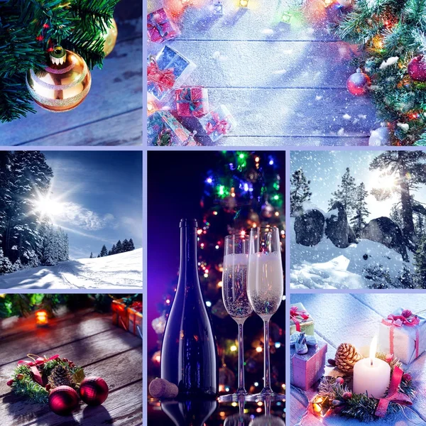 God jul och nytt år tema collage består av olika bilder — Stockfoto