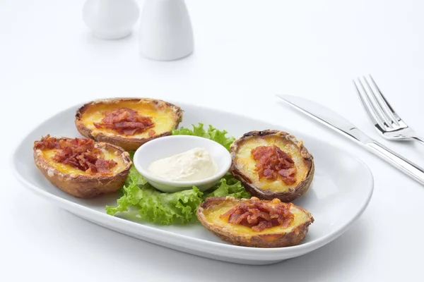 Baked Potato Halves Fried Filled Cheese Bacon — Stock Photo, Image