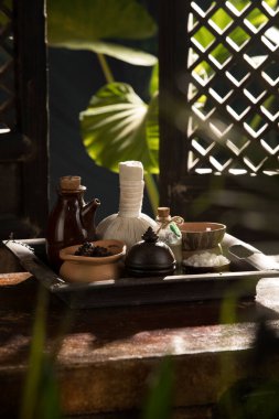 Renkli tropik palmiye yaprakları üzerindeki spa temalı nesnelerin görünümü