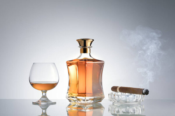 закрытый вид на сигару, бутылку коньяка и стакан в сторону на серой спине. 