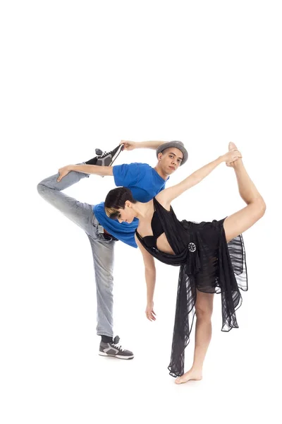 Dois bailarinos modernos em figura de ação dinâmica, sobre fundo branco — Fotografia de Stock