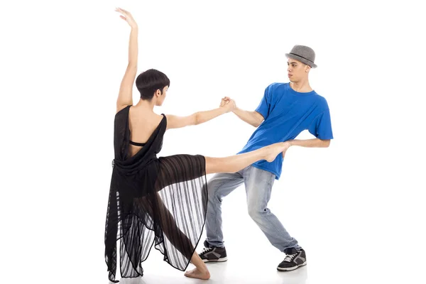 Two modern ballet dancers in dynamic action figure, on  white background — Stock Photo, Image