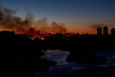 Parcul Doğal Vacaresti veya Delta Vacaresti 'de 3 hektardan fazla bitki örtüsü, Bükreş, Romanya' nın güneyinde şiddetli rüzgarlarla körüklenen otlar tarafından yakıldı