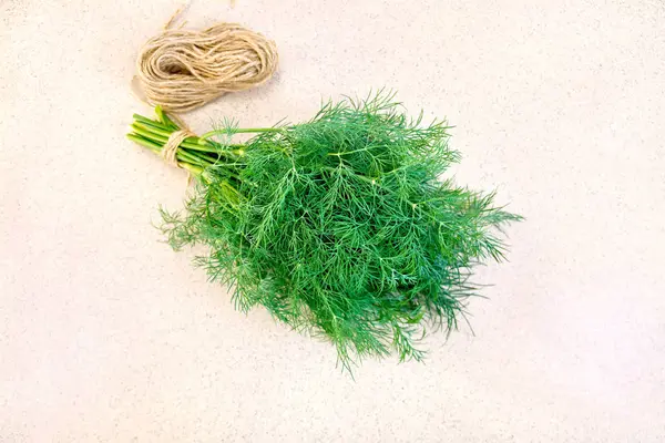 Dill with twine on granite table top — Stock Photo, Image