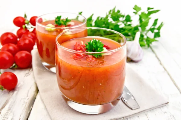 Soup tomato in two glasses on board — Stock Photo, Image