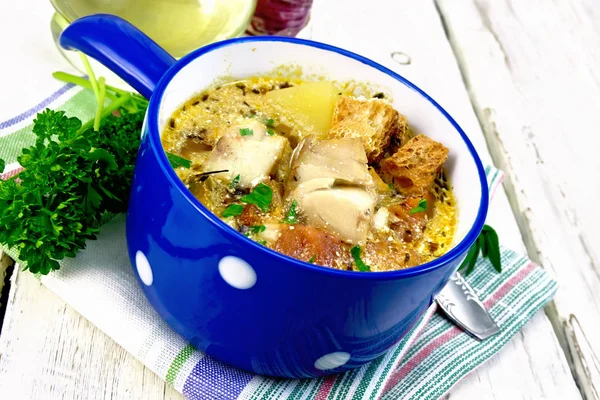 Soup fish with vegetables and cream on light board — Stock Photo, Image