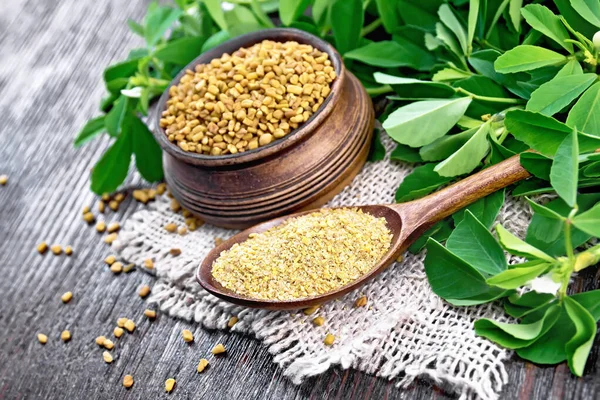 Fenugreek in spoon and bowl with green leaves on table — ストック写真