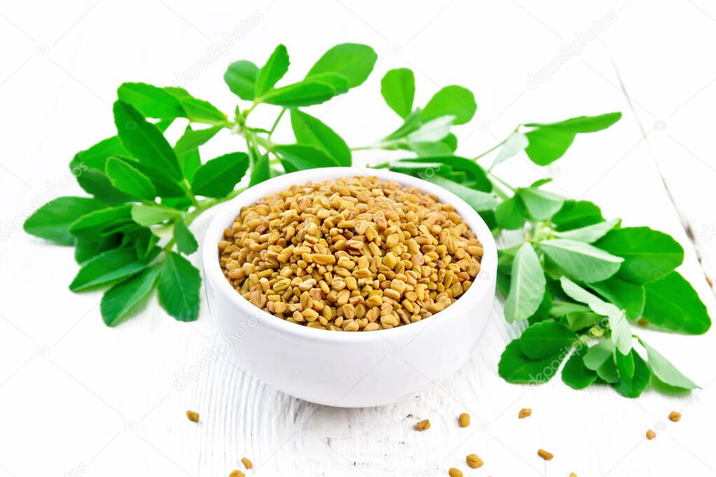Fenugreek with green leaves in bowl on wooden board
