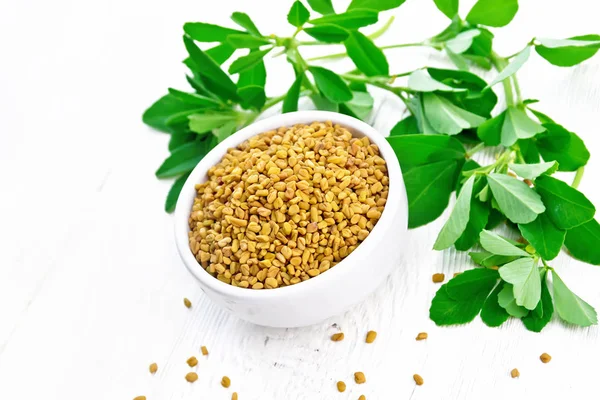 Fenugreek with green leaves in bowl on light board — Stock Photo, Image