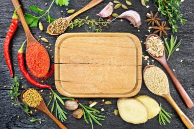 Frame of spices and herbs with plate on black board top