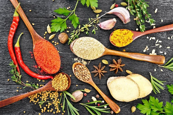 Spices in spoons on black board top — Stock Photo, Image