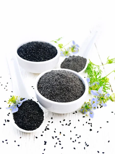 Flour Seeds Black Caraway Bowls Sprigs Kalingini Blue Flowers Leaves — Stock Photo, Image