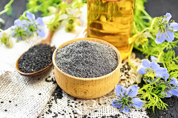 Flour Black Caraway Bowl Seeds Spoon Burlap Oil Bottle Twigs — Stock Photo, Image