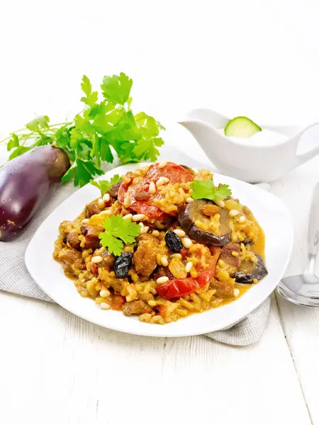 Eastern European National Dish Maklube Made Rice Eggplant Tomatoes Spices — Stock Photo, Image