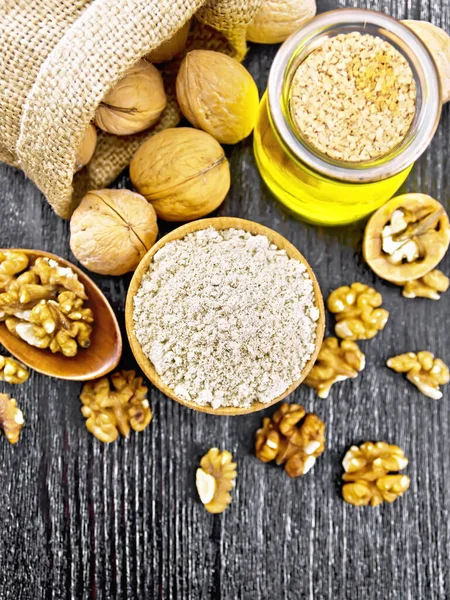 Walnut Flour Bowl Nuts Table Spoon Bag Oil Glass Jar — Stock Photo, Image