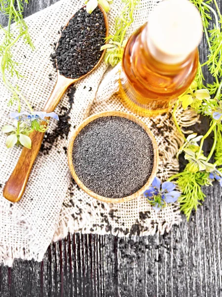 Schwarzkümmelmehl Einer Schüssel Samen Einem Löffel Auf Klette Der Flasche — Stockfoto