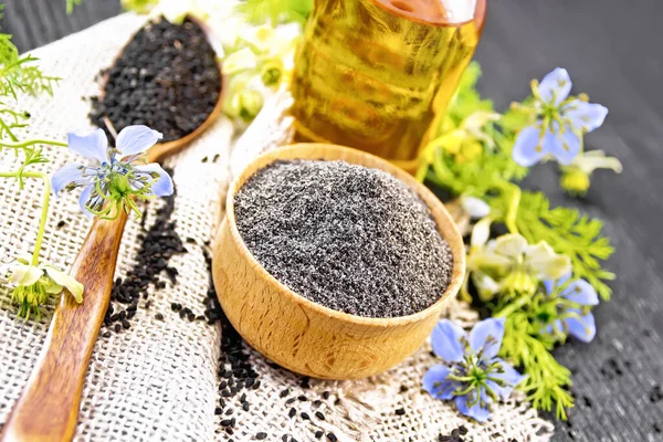 Flour Black Caraway Bowl Seeds Spoon Burlap Oil Bottle Twigs — Stock Photo, Image