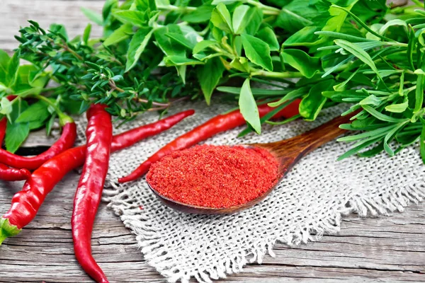 Ground Hot Red Pepper Spoon Burlap Chili Pods Spicy Greens — Stock Photo, Image