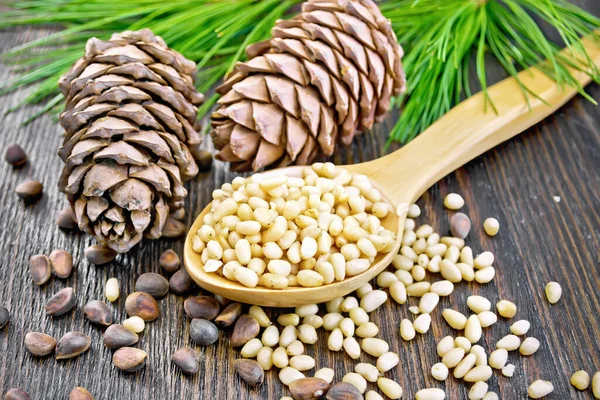 Peeled Kernels Cedar Nuts Spoon Two Pine Cones Green Branches — Stock Photo, Image