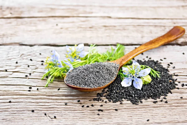 Flour Nigella Sativa Spoon Flower Leaves Kalingini Wooden Board Backgroun — Stock Photo, Image