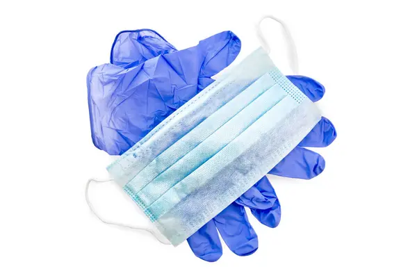 蓝色胶乳手套和医用一次性口罩 白色背衬隔离 — 图库照片