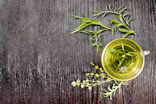 Frame Herbal Tea Glass Cup Sprigs Tarragon Rosemary Thyme Background — Stock Photo, Image