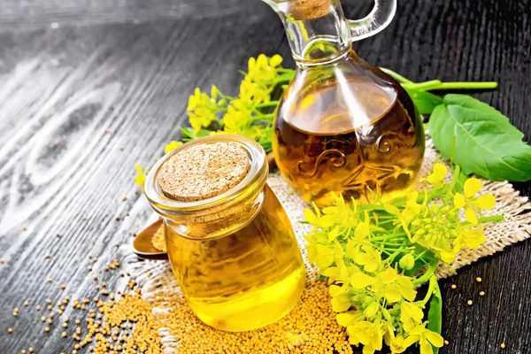 Mustard Oil Glass Jar Decanter Mustard Seeds Burlap Flowers Leaves — Stock Photo, Image