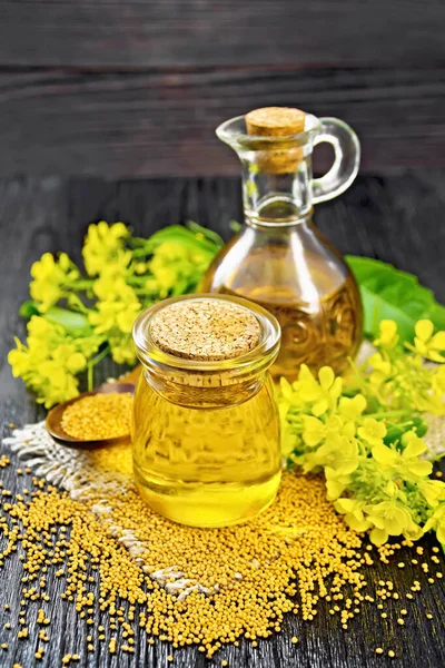 Mustard Oil Glass Jar Decanter Mustard Seeds Burlap Flowers Leaves — Stock Photo, Image
