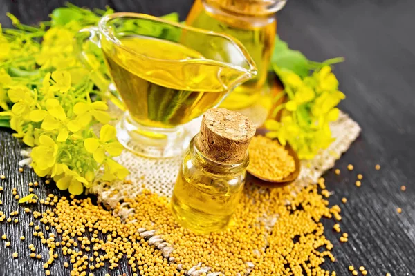 Mustard Oil Two Glass Jars Gravy Boat Grains Leaves Yellow — Stock Photo, Image