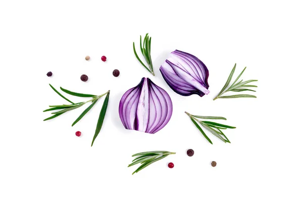 Slices Purple Onions Sprigs Rosemary Peas Colored Pepper Isolated White — Stock Photo, Image