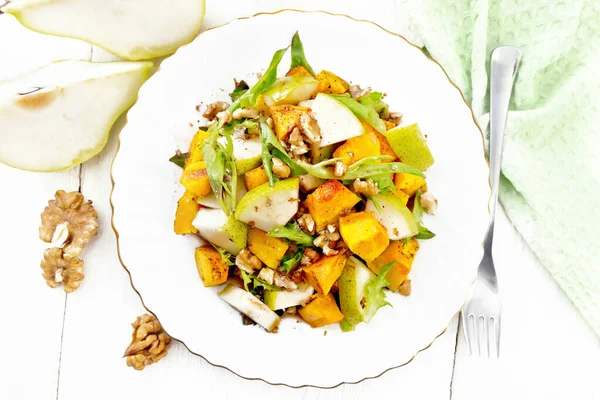 Salad Baked Pumpkin Fresh Pear Arugula Walnuts Seasoned Honey Balsamic — Stock Photo, Image