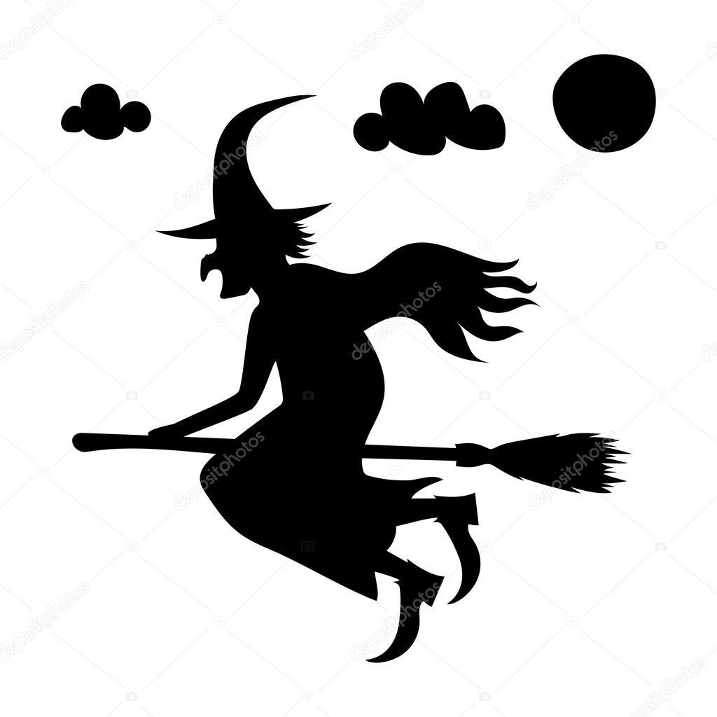 Bruxa negra na vassoura, fundo branco, símbolo do dia das bruxas, vetor