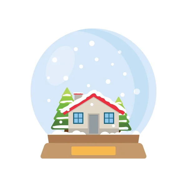 Noel kar küresi ile ev ve içinde ağaçlar. — Stok Vektör