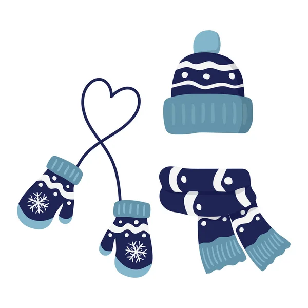 Manoplas de punto de invierno, sombrero y cicatriz, engastado en color azul — Vector de stock
