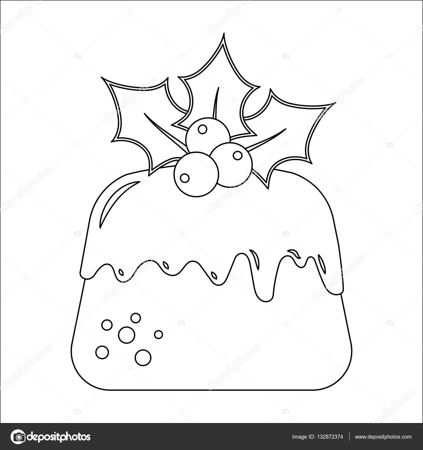 Tradizionale budino di Natale con agrifoglio simbolo di illustrazione in stile contorno per il libro di disegno e colorazione di inverno di vettore