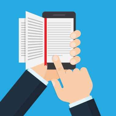 ekranda açık bir kitap ile bir cep telefonu tutan el