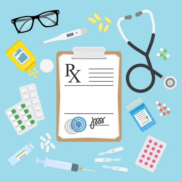 Forma de prescripción médica vacía Rx y pastillas — Vector de stock