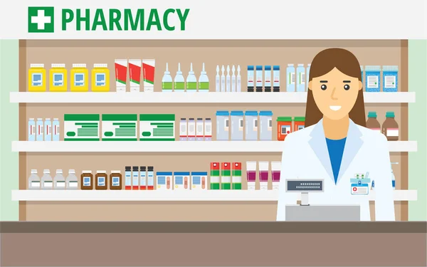 Farmacéutica en el mostrador de una farmacia — Vector de stock