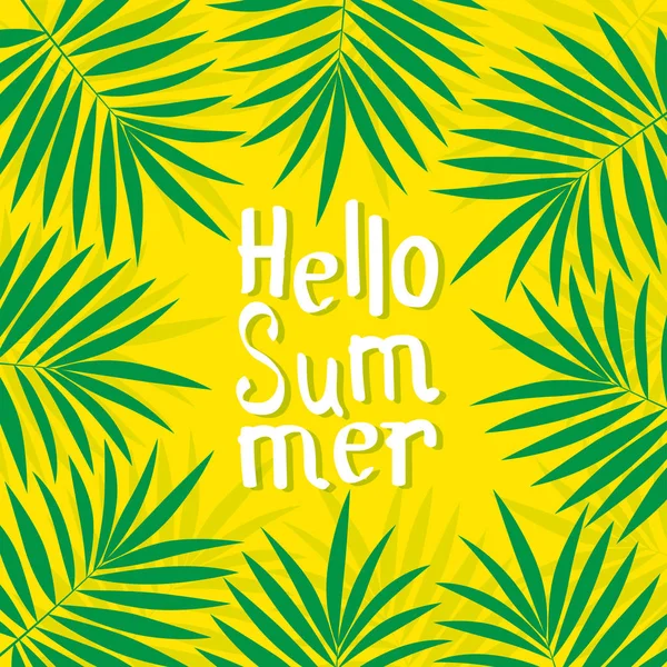 Poster palmiye yaprağı ve Merhaba yaz yazı ile. — Stok Vektör