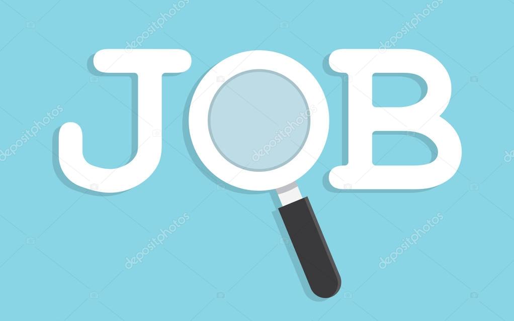 Job search. Text with magnifying glass, on blue background. vector illustration