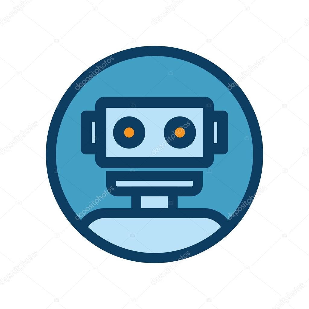 Chat bot icon. Outline robot sign in blue circle. Vector illustration. Voice support service bot. Virtual online support