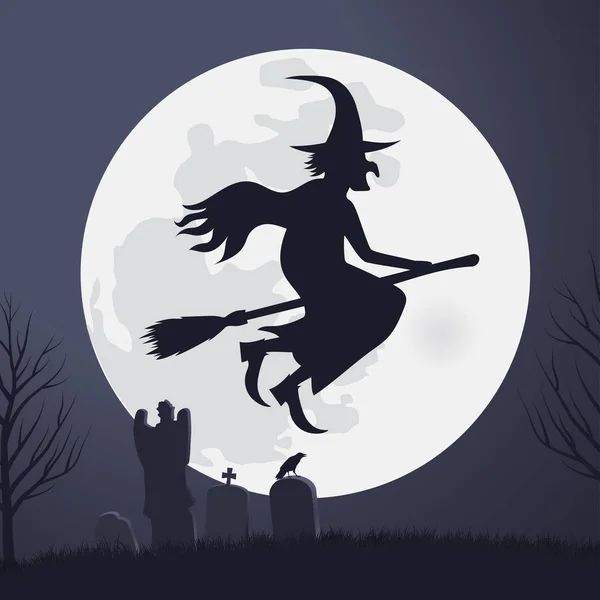 Halloween enge heks op een bezemsteel vliegen — Stockvector