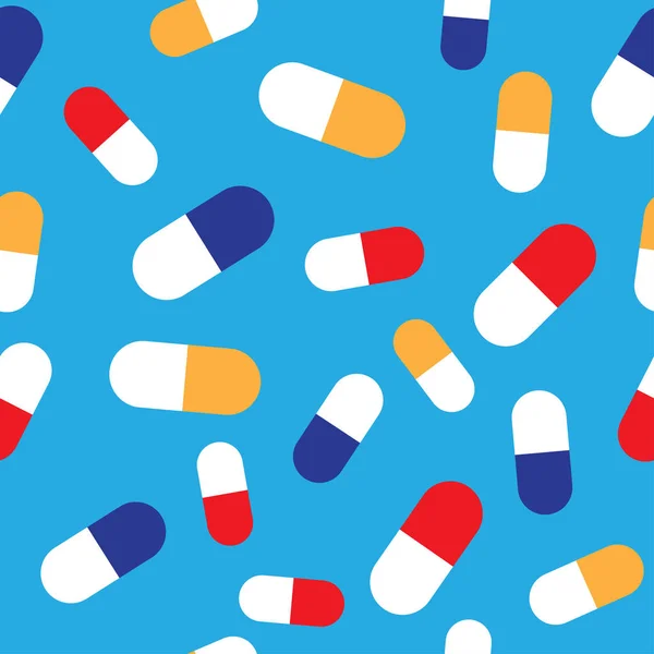 錠剤とカプセルが青の背景にシームレス パターン — ストックベクタ