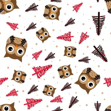 Baykuş ve Noel ağaçları ile desen