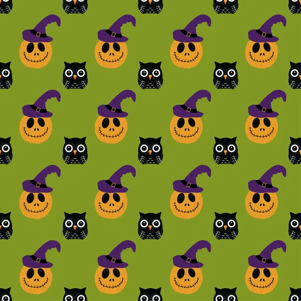 Halloween patroon met uil en pompoen — Stockvector