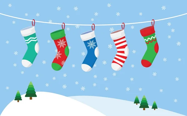 Christmas stockings for presents, hanging on a rope. — Stock Vector