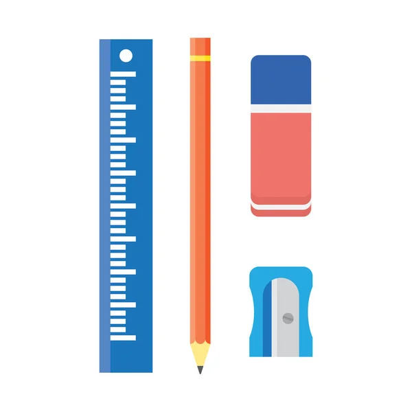 Školní psací potřeby, dřevěná tužka, ořezávátko, pravítko a gumy — Stockový vektor