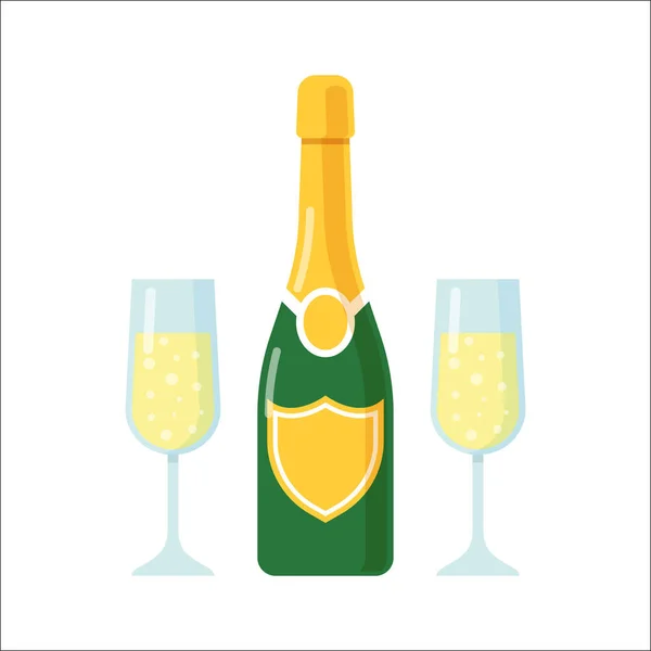 Bottiglia di champagne e bicchieri . — Vettoriale Stock