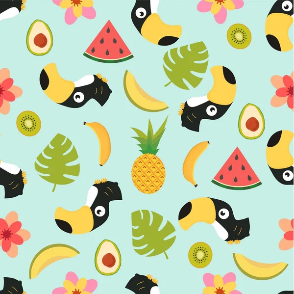 オオハシとトロピカル フルーツのパターン — ストックベクタ